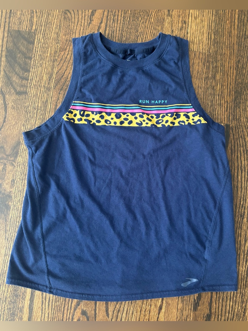Brooks Women’s Navy 'Run Happy' Muscle Tank with Neon Leopard Stripe medium